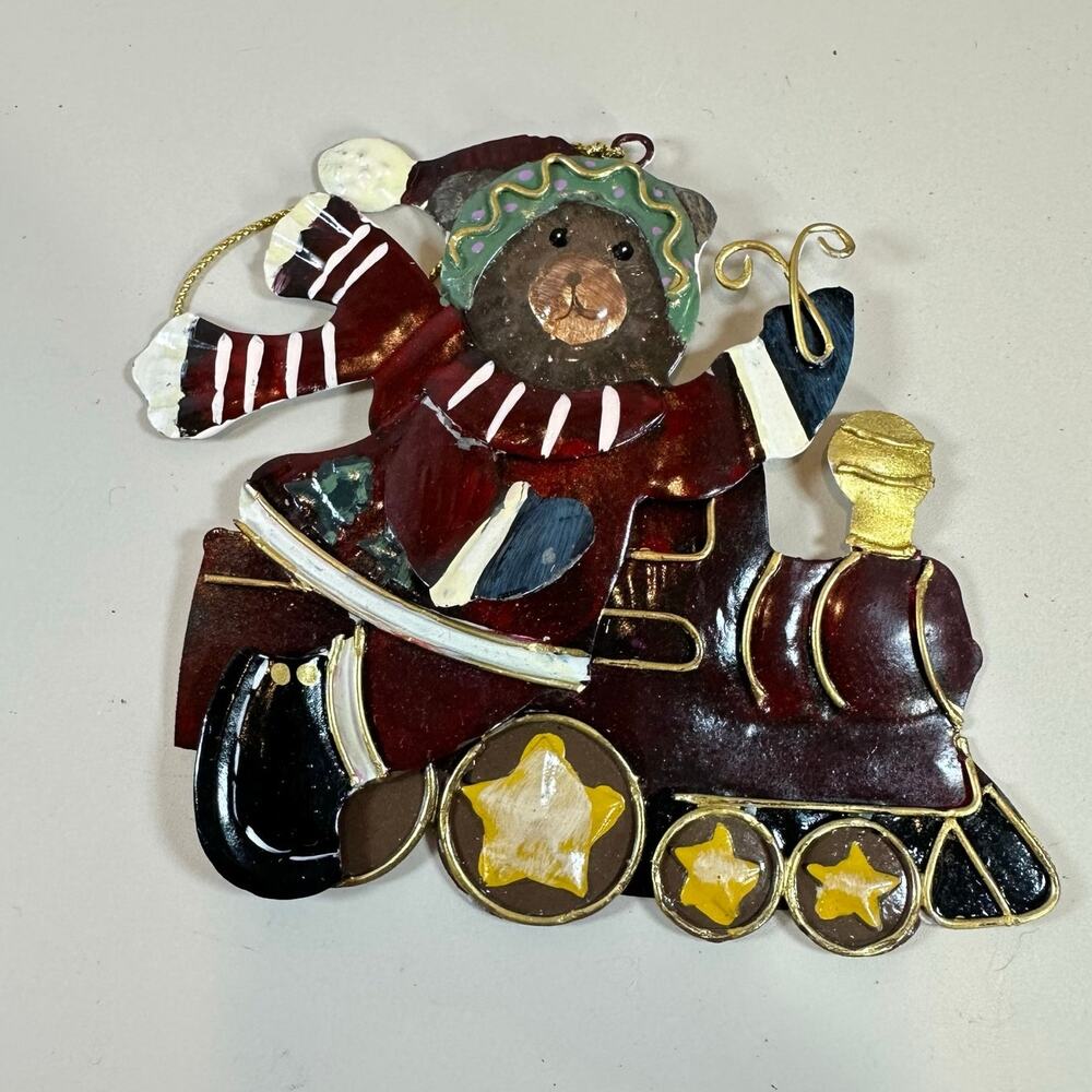 Vintage Layered Tin Christmas Ornament Bear Train Santa Claus